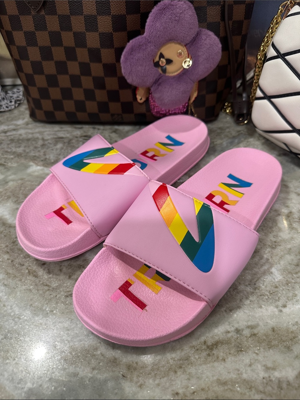 TRETORN Pink Rainbow Logo Slide Sandals sz 9